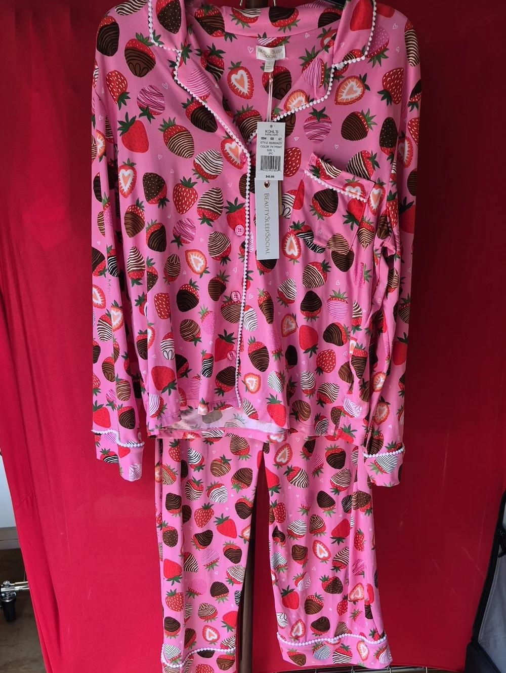 Women's Pink Strawberry-Print Button Pajama Set